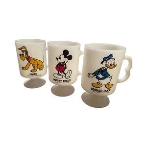 Rare Vintage Disney Milk Glass Footed Mugs, Minnie Mouse, Donald Duck, Pluto